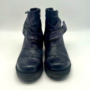 Ethem Eggplant Purple Leather Strap Studded NWOT Shoe Lug Ankle Bootie Boot